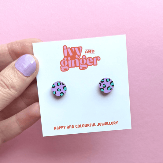 Mini leopard print circle studs in lilac and teal - Violet Elizabeth - 