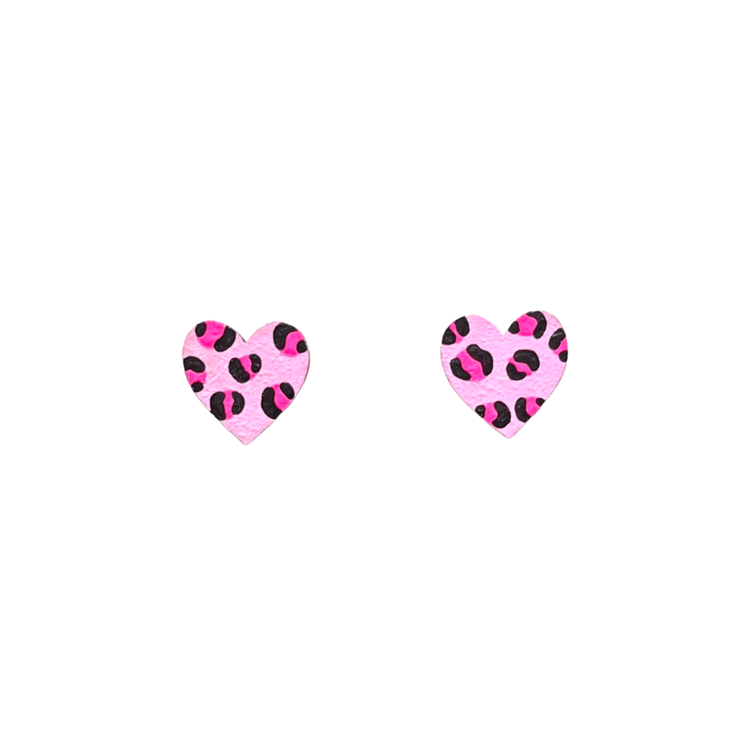 Mini neon pink leopard print statement heart stud earrings - Violet Elizabeth - 