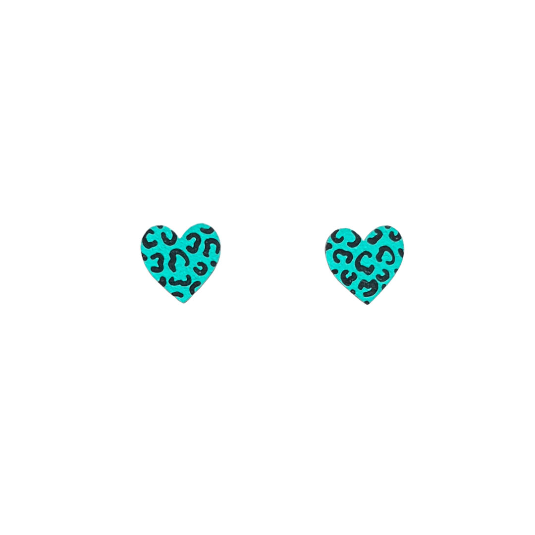 Mini teal and black leopard print heart stud earrings - Violet Elizabeth - 