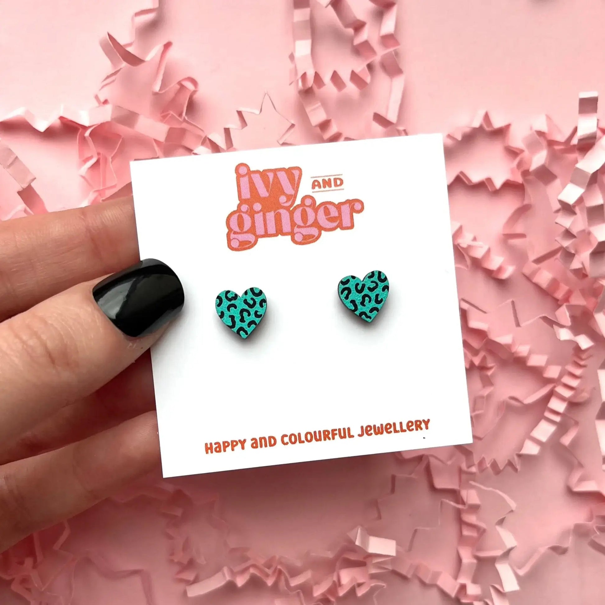Mini teal and black leopard print heart stud earrings - Violet Elizabeth - 