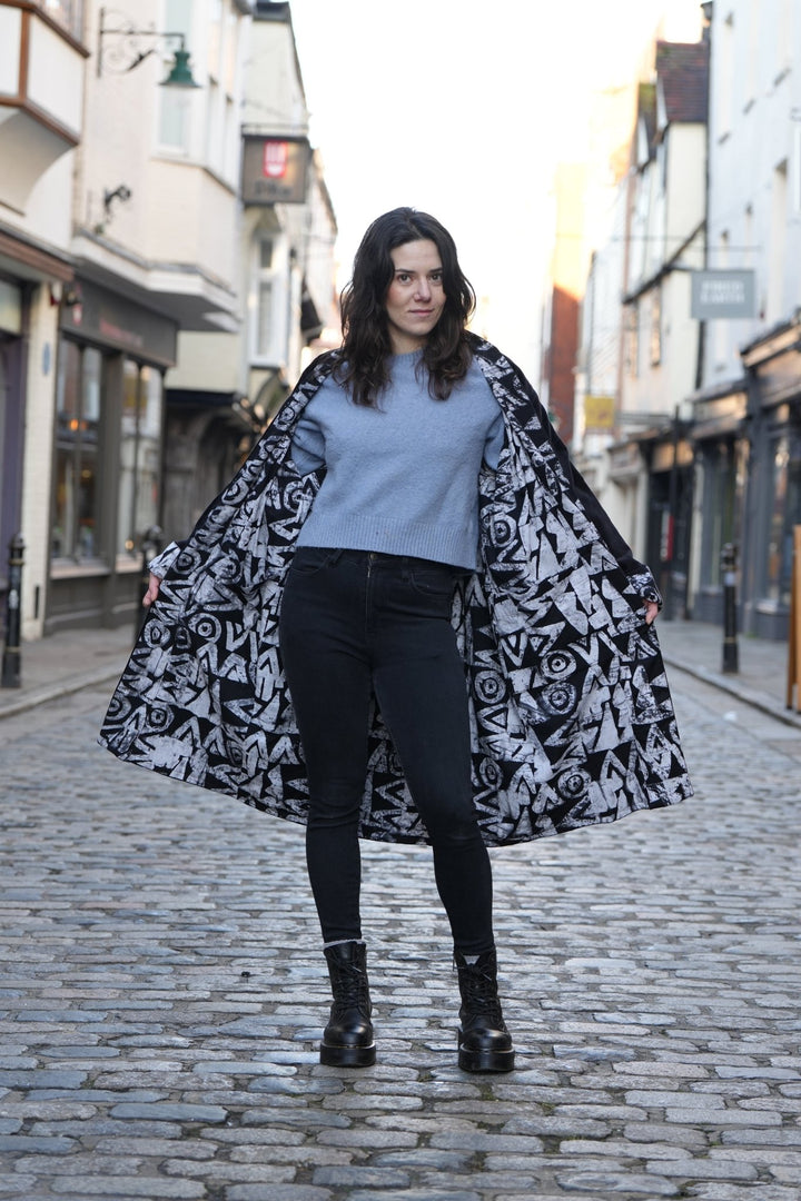 Monochrome Velvet Coat Long In Rare Batik - Violet Elizabeth - Clothing