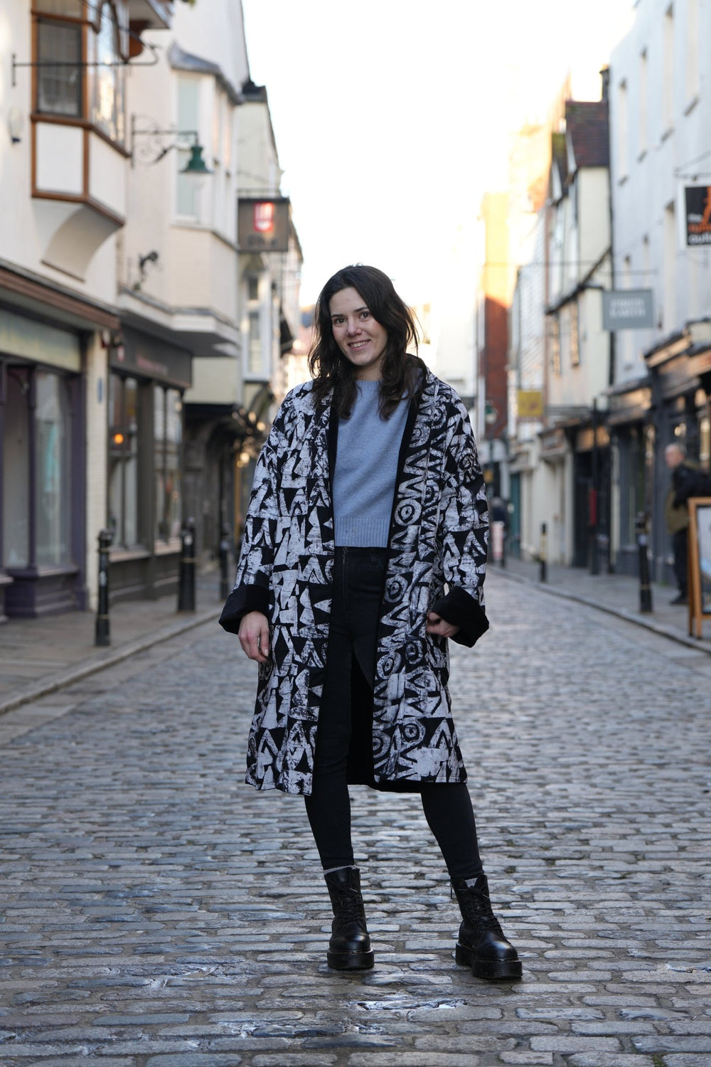 Monochrome Velvet Coat Long In Rare Batik - Violet Elizabeth - Clothing