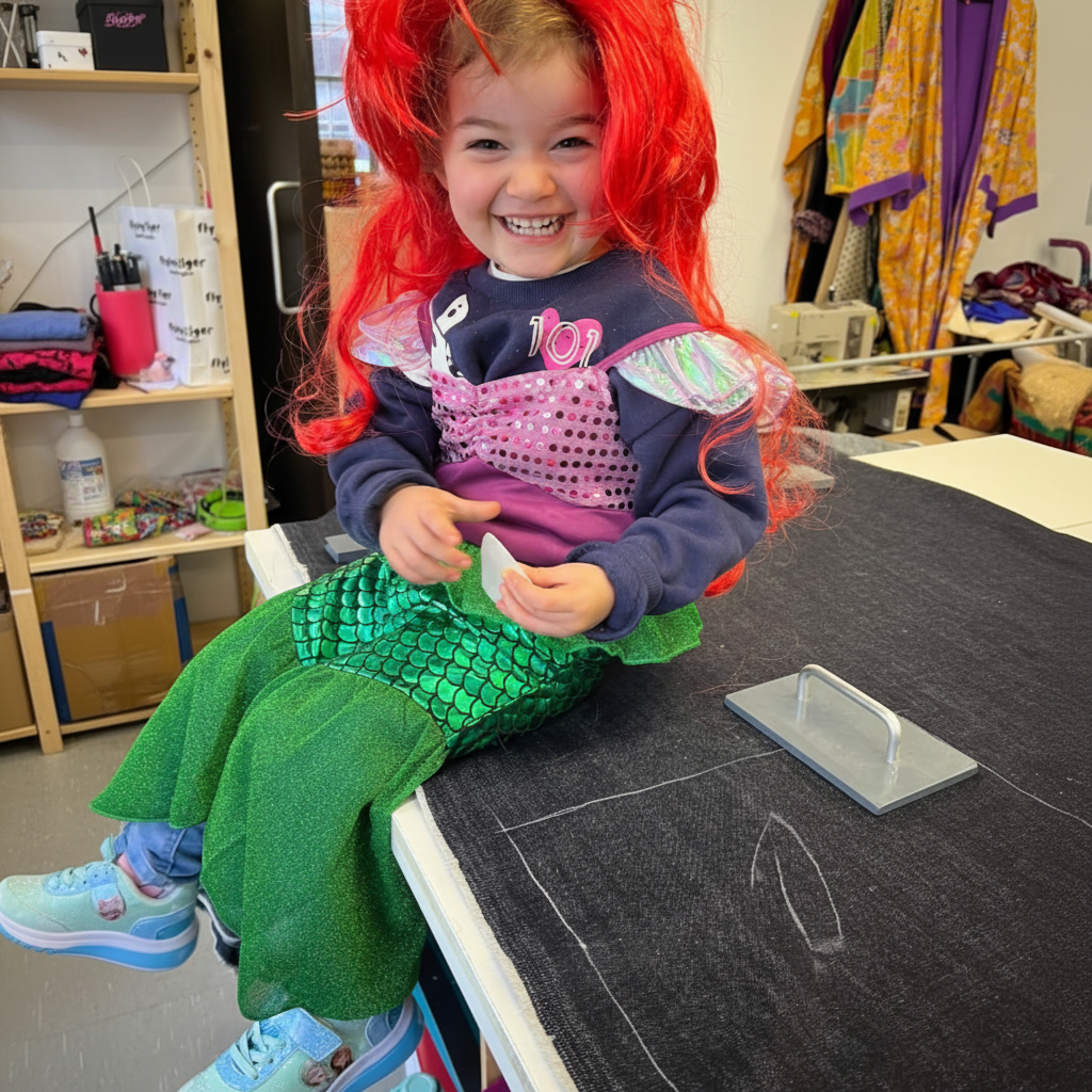 Child in mermaid costume with red wig sitting on a table in the Violet Elizabeth design studio