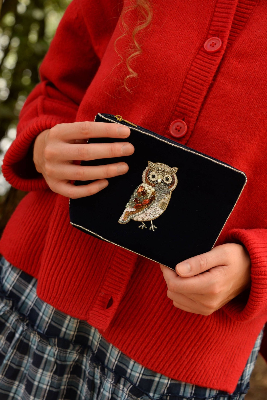 NAVY BLUE OWL MEDIUM VELVET POUCH - Violet Elizabeth - 