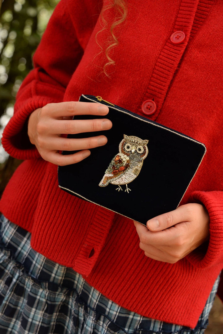 NAVY BLUE OWL MEDIUM VELVET POUCH - Violet Elizabeth - 