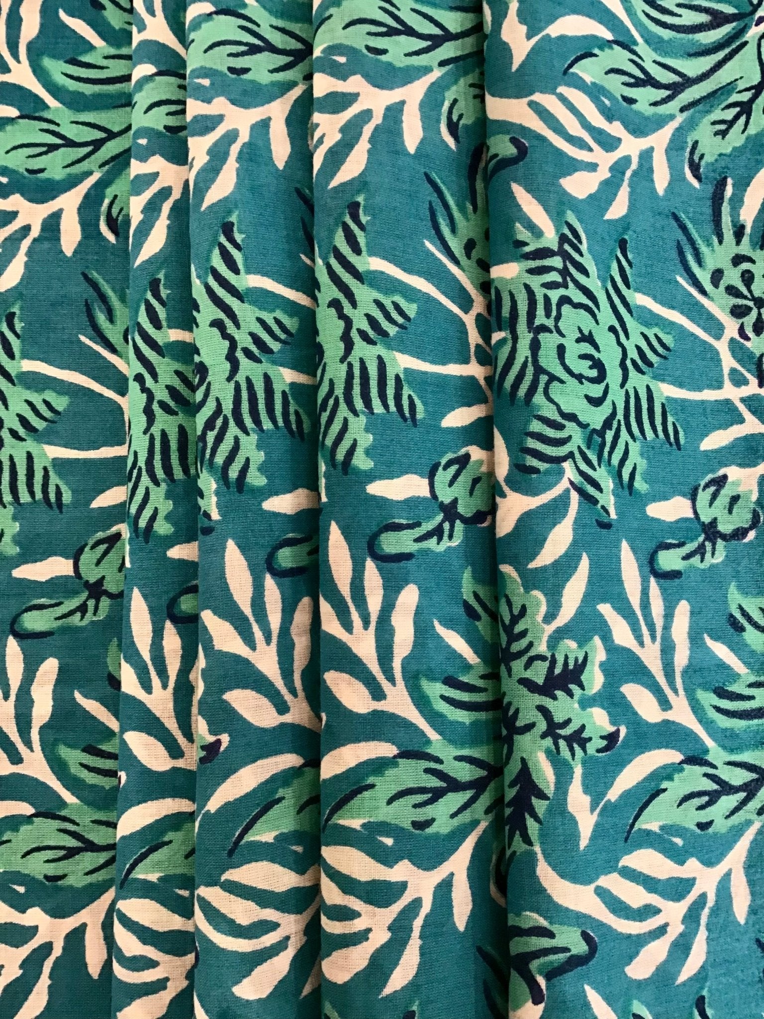 Navy, green and blue Block Printed Fabric - Violet Elizabeth - Haberdashery