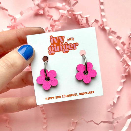 Neon hand painted wooden flower statement hoop earrings - Violet Elizabeth - 