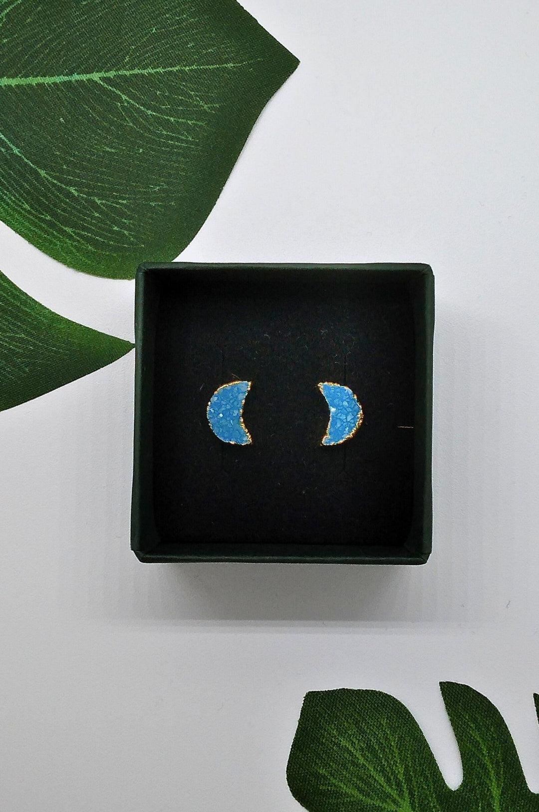 Ocean Blue Geode Druzy Moon Studs - Violet Elizabeth - Jewellery