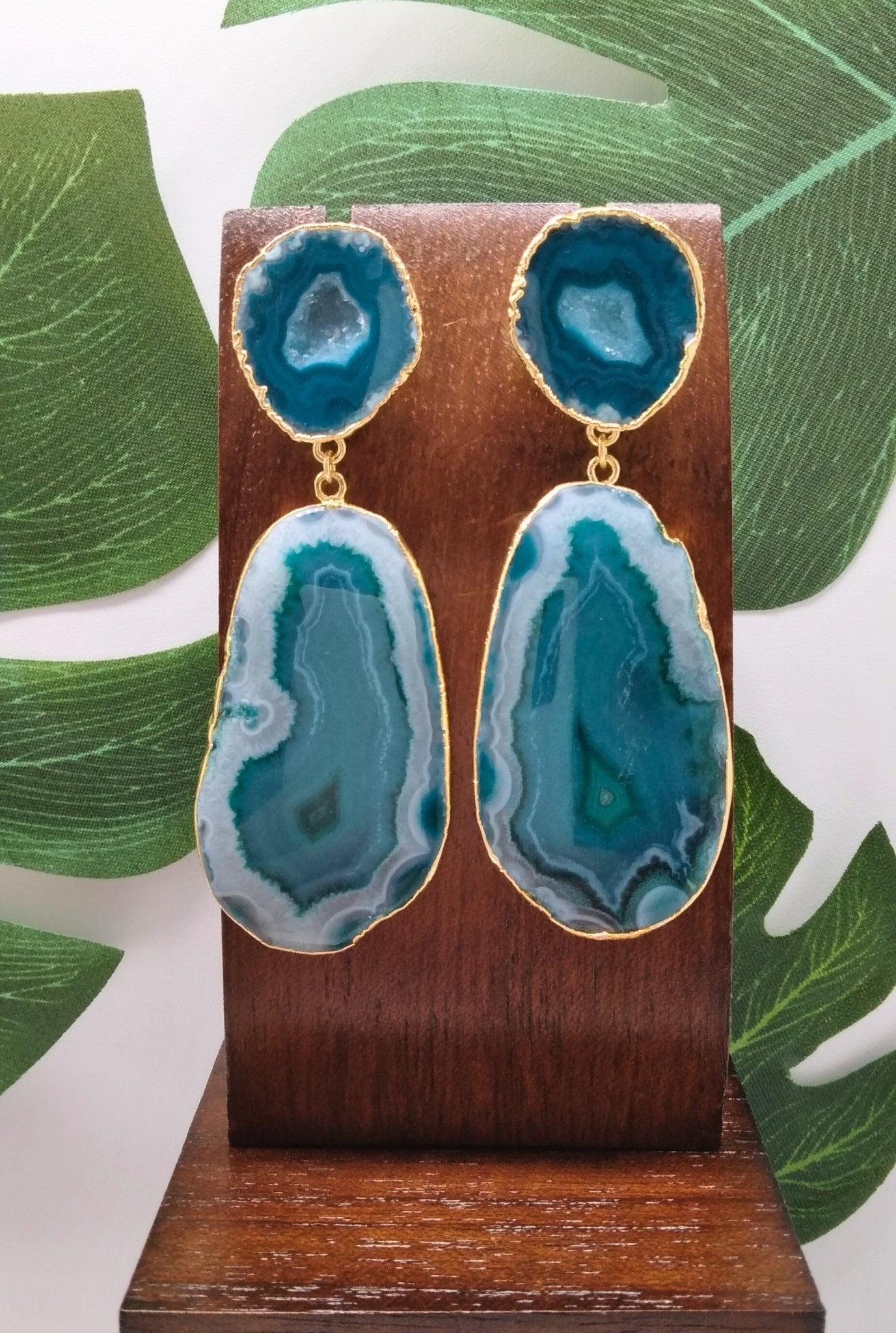 Ocean Green Agate Slice Drop Earrings - Violet Elizabeth - Jewellery
