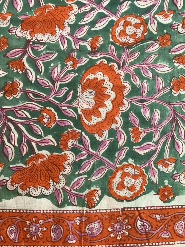 Orange And Purple Sprays Block Printed Cotton Fabric