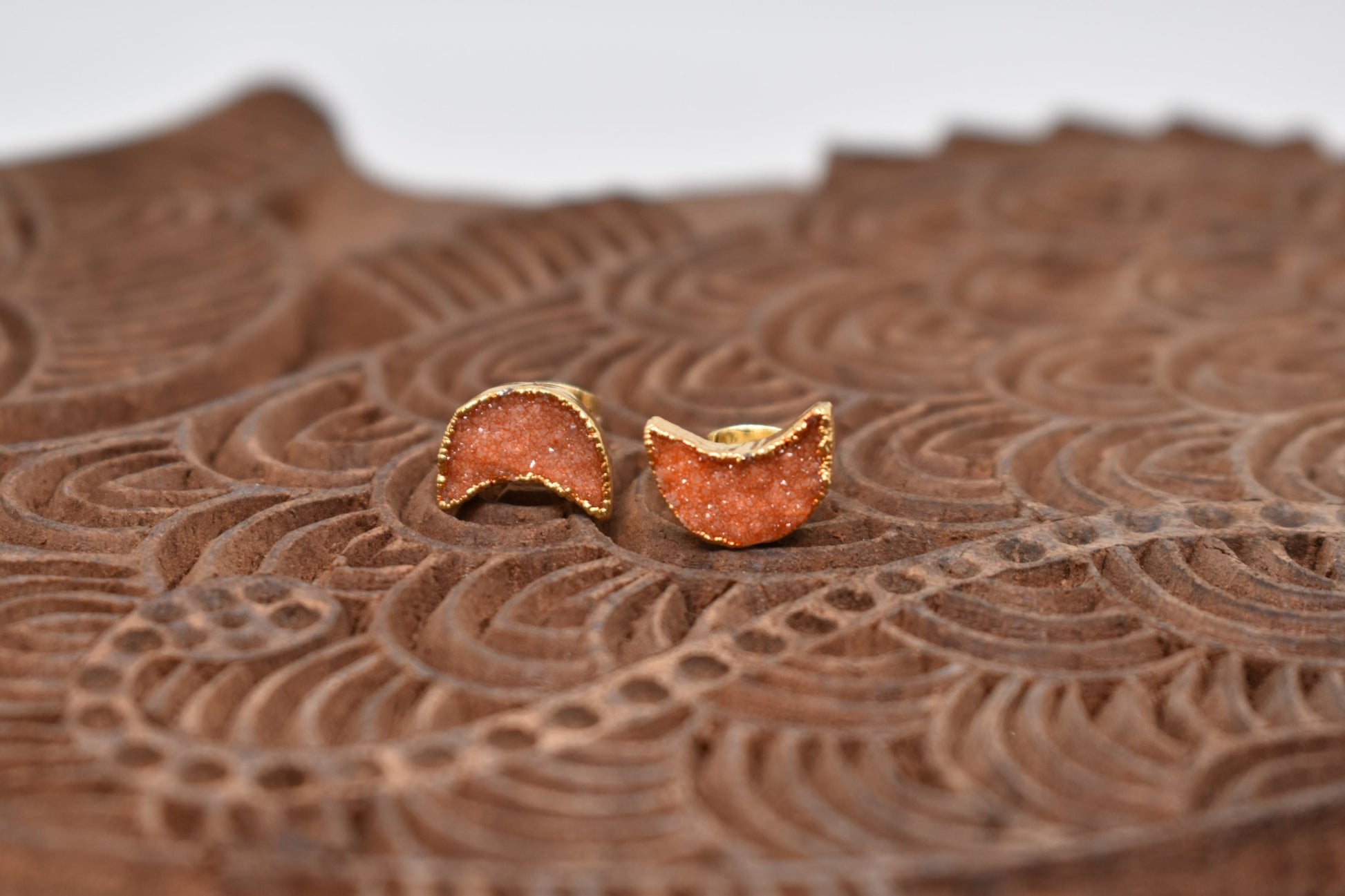 Orange Geode Druzy Moon Studs - Violet Elizabeth - Jewellery