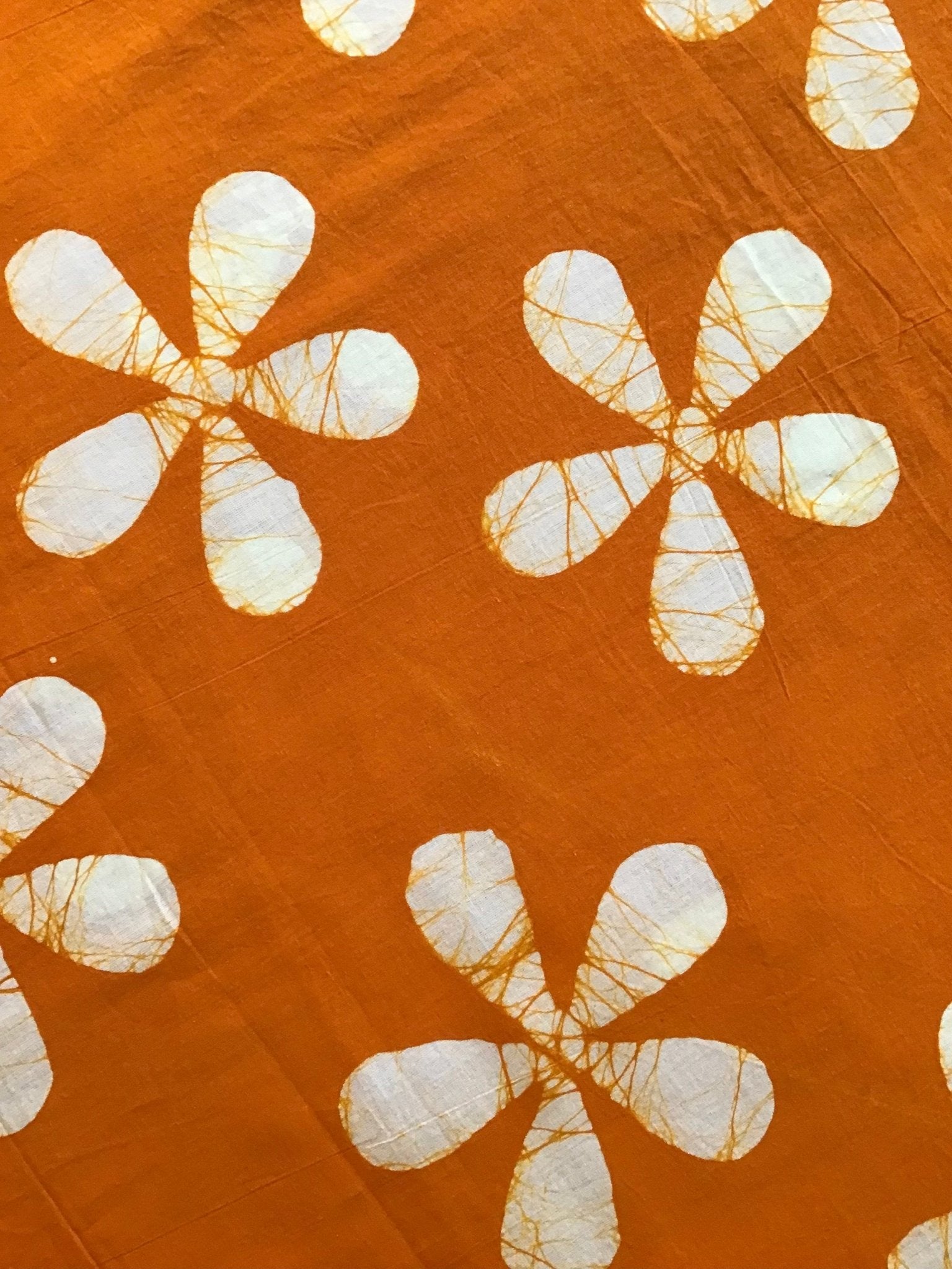 Orange separated flower shapes Batik Hand Printed Pure Cotton Fabric - Violet Elizabeth - Haberdashery