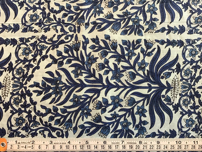 Pale blue with dk blue plant Screen Printed Fabric 100% Cotton - Violet Elizabeth - Haberdashery