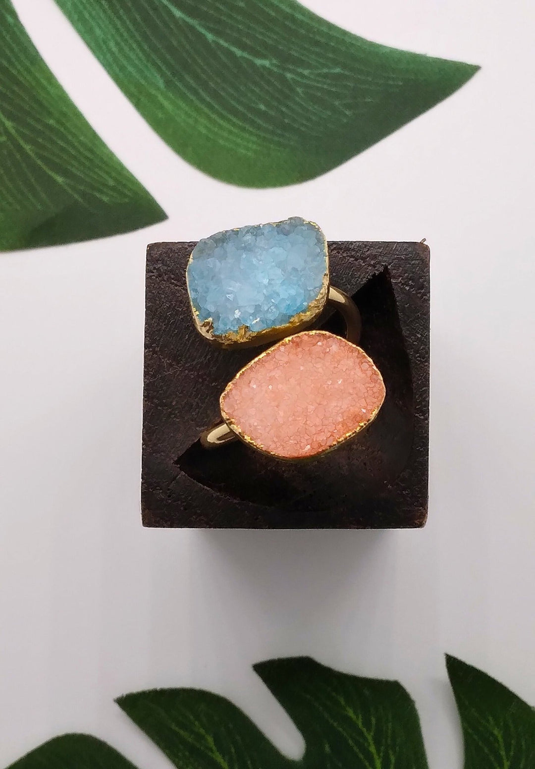 Peach and Sky Blue Double Druzy Agate Ring - Violet Elizabeth - Jewellery