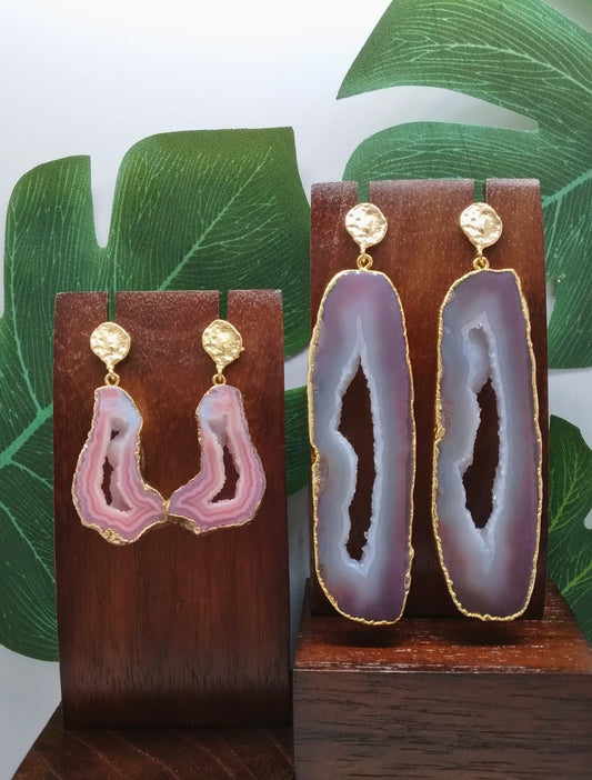 Pink Agate Slice and Gold Stud Drop Earrings - Violet Elizabeth - Jewellery