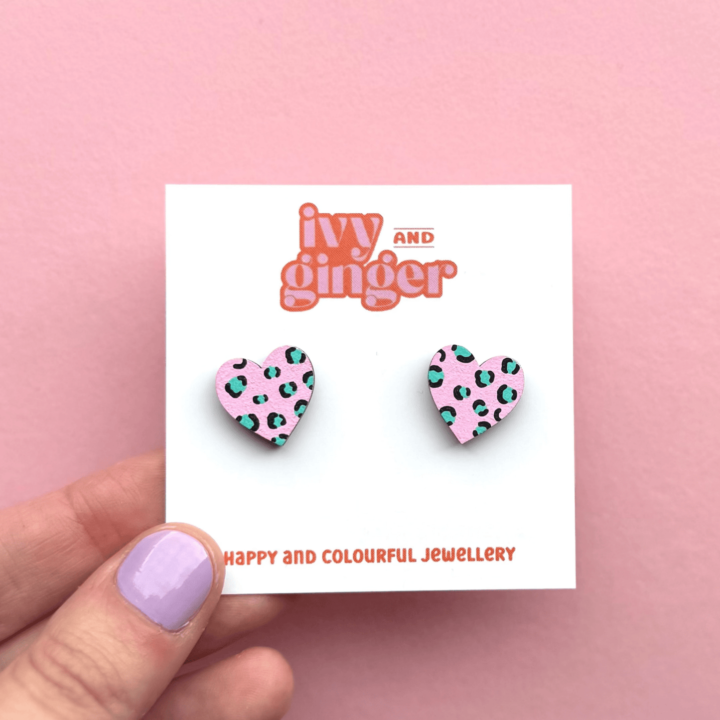 Pink and teal leopard print midi heart stud earrings - Violet Elizabeth - 