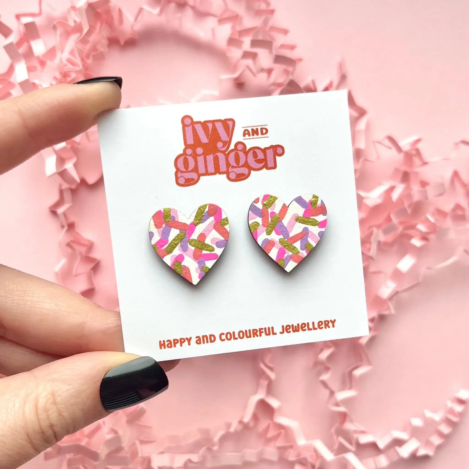 Pink confetti large heart stud earrings hand painted wood - Violet Elizabeth - 