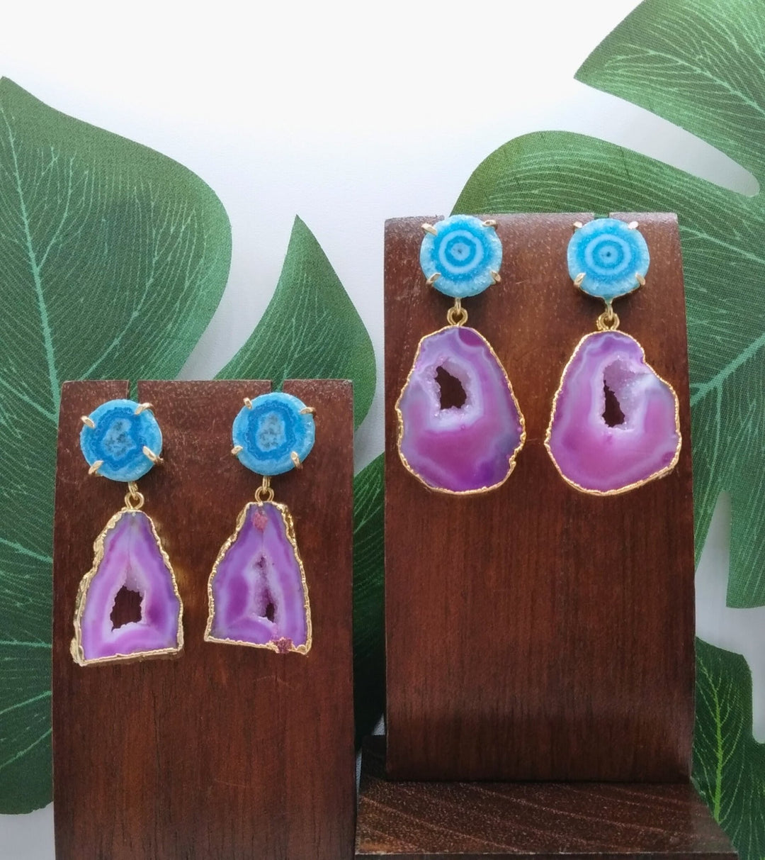 Purple Agate Slice and Sea Blue Solar Quartz Drop Earrings - Violet Elizabeth - Jewellery