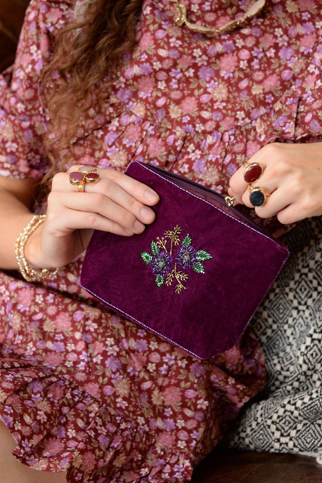 PURPLE FLOWER MEDIUM POUCH - Violet Elizabeth - Apparel & Accessories