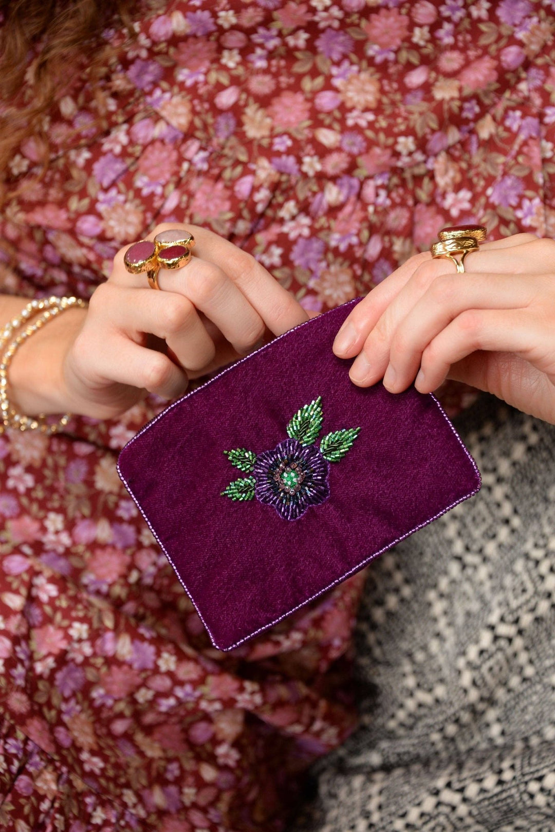 PURPLE FLOWER SMALL POUCH - Violet Elizabeth - Apparel & Accessories