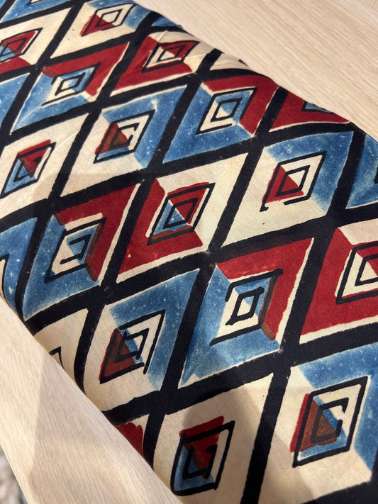 Red blue block print Mushru cotton/silk blend - Violet Elizabeth - Haberdashery