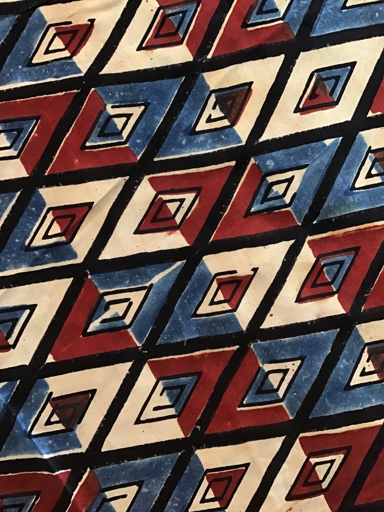 Red blue block print Mushru cotton/silk blend - Violet Elizabeth - Haberdashery