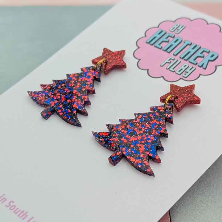 Red & Blue Christmas Tree Earrings - Best Seller - Violet Elizabeth - Jewellery