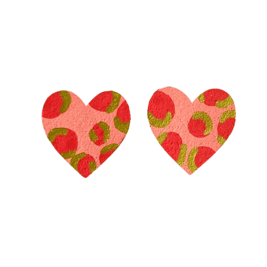 Red, Pink, Gold Leopard Print Wooden Heart Earring valentine - Violet Elizabeth - 
