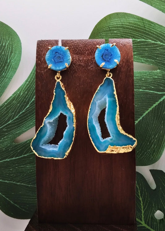 Sea Blue Agate Slice and Blue Solar Quartz Drop Earrings - Violet Elizabeth - Jewellery