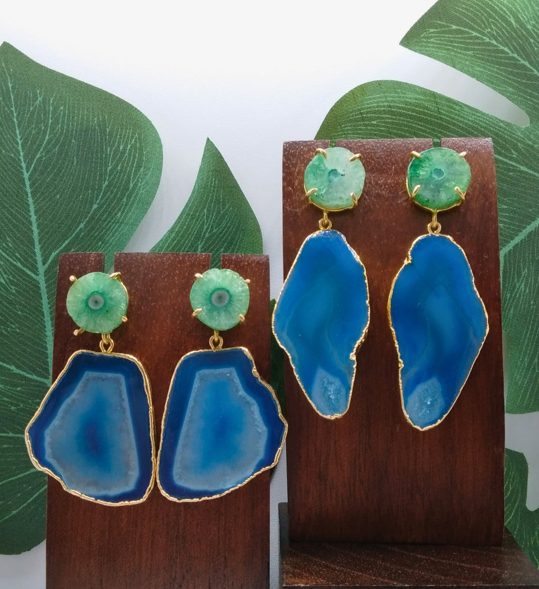Sea Blue Agate Slice and Ocean Green Solar Quartz Drop Earrings - Violet Elizabeth - Jewellery