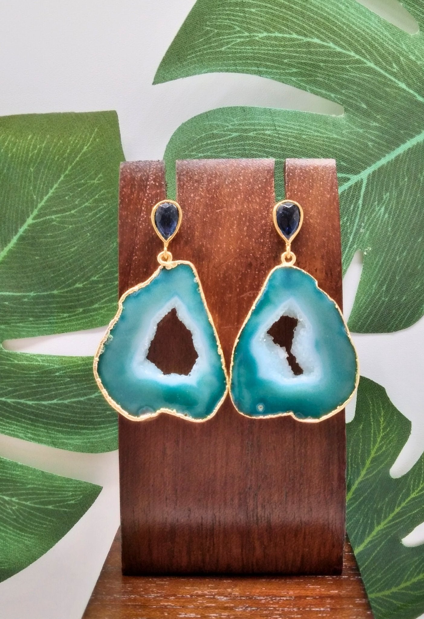 Sea Green Agate Slice and Blue Lolite Gemstone Drop Earrings - Violet Elizabeth - Jewellery
