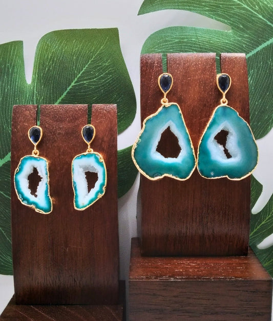 Sea Green Agate Slice and Blue Lolite Gemstone Drop Earrings - Violet Elizabeth - Jewellery