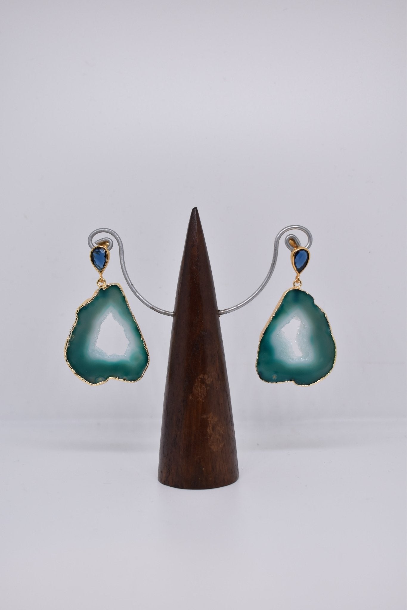Sea Green Agate Slice and Blue Lolite Gemstone Drop Earrings - Violet Elizabeth - Jewellery