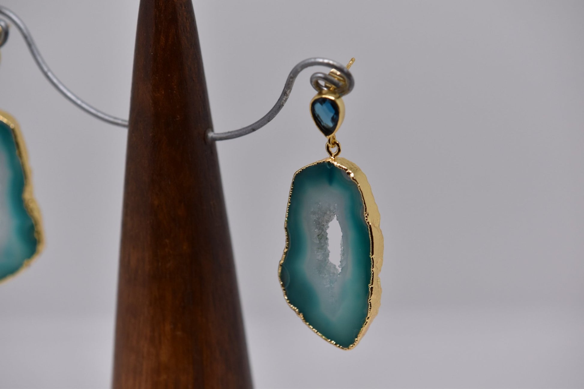 Sea Green Agate Slice and Blue Lolite Gemstone Drop Earrings - Violet Elizabeth - Jewellery