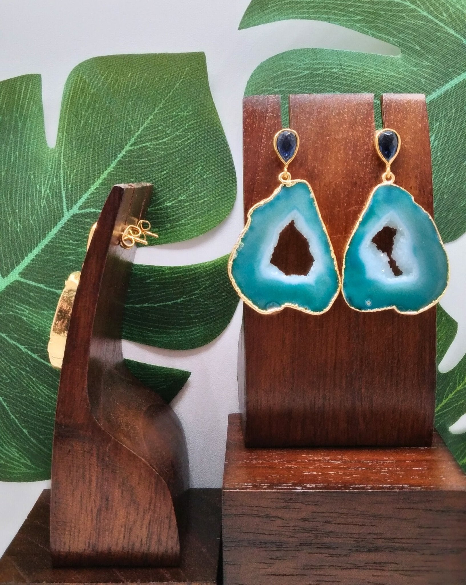 Sea Green Agate Slice and Blue Lolite Gemstone Drop Earrings - Violet Elizabeth - Jewellery