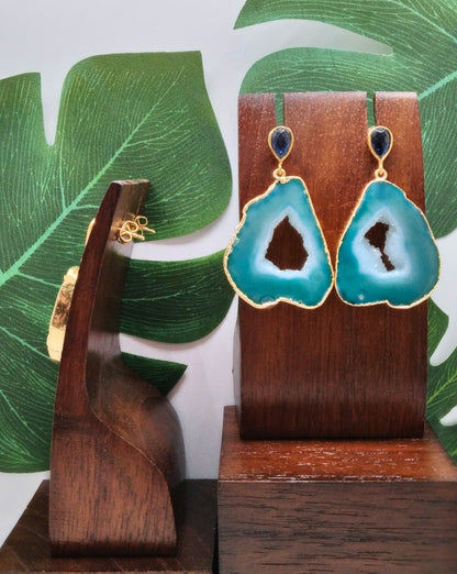 Sea Green Agate Slice and Blue Lolite Gemstone Drop Earrings - Violet Elizabeth - Jewellery
