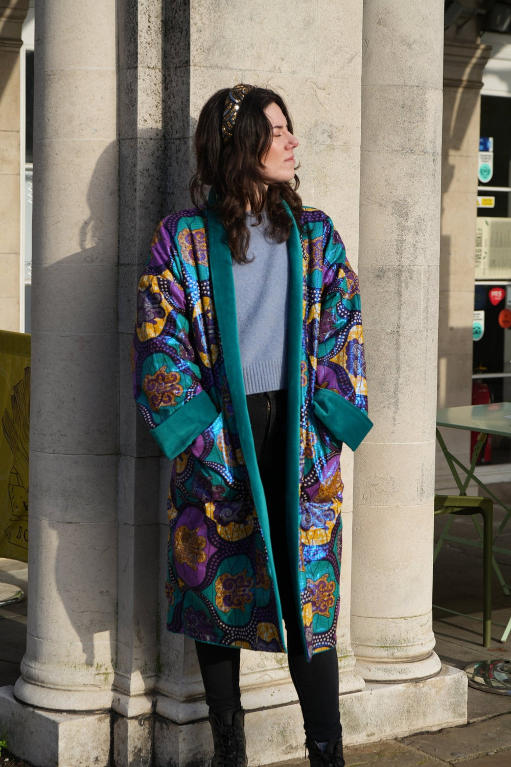 Shimmering Disco Metallic Teal Velvet Coat - Violet Elizabeth - Clothing