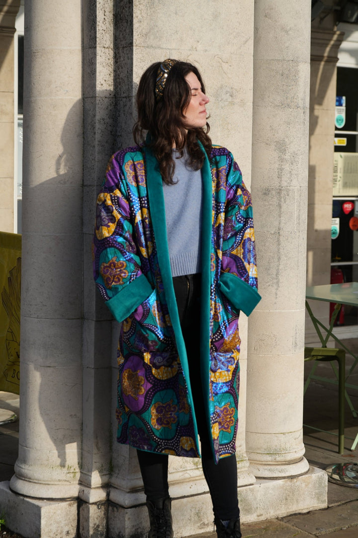 Shimmering Disco Metallic Teal Velvet Coat - Violet Elizabeth - Clothing