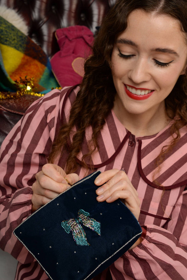 SILVER BLUE BOW MEDIUM POUCH - Violet Elizabeth - Apparel & Accessories