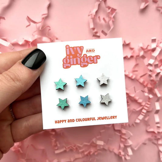 Silver star hand painted wooden statement earrings - Violet Elizabeth - 