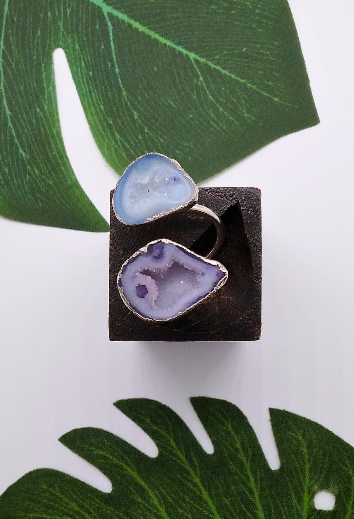 Sky Blue and Purple Double Geode Druzy Silver Ring - Violet Elizabeth - Jewellery