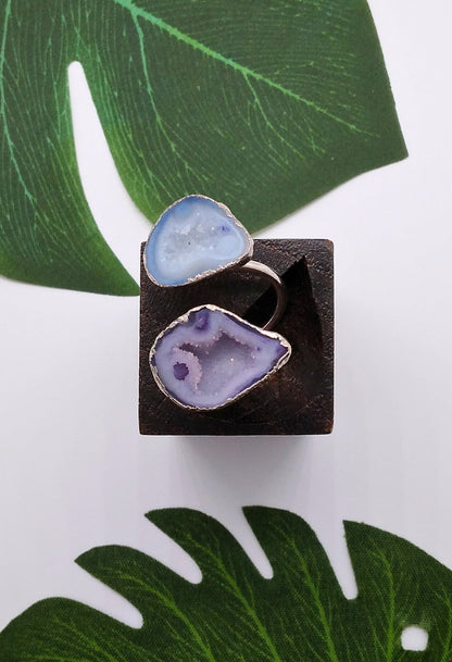 Sky Blue and Purple Double Geode Druzy Silver Ring - Violet Elizabeth - Jewellery