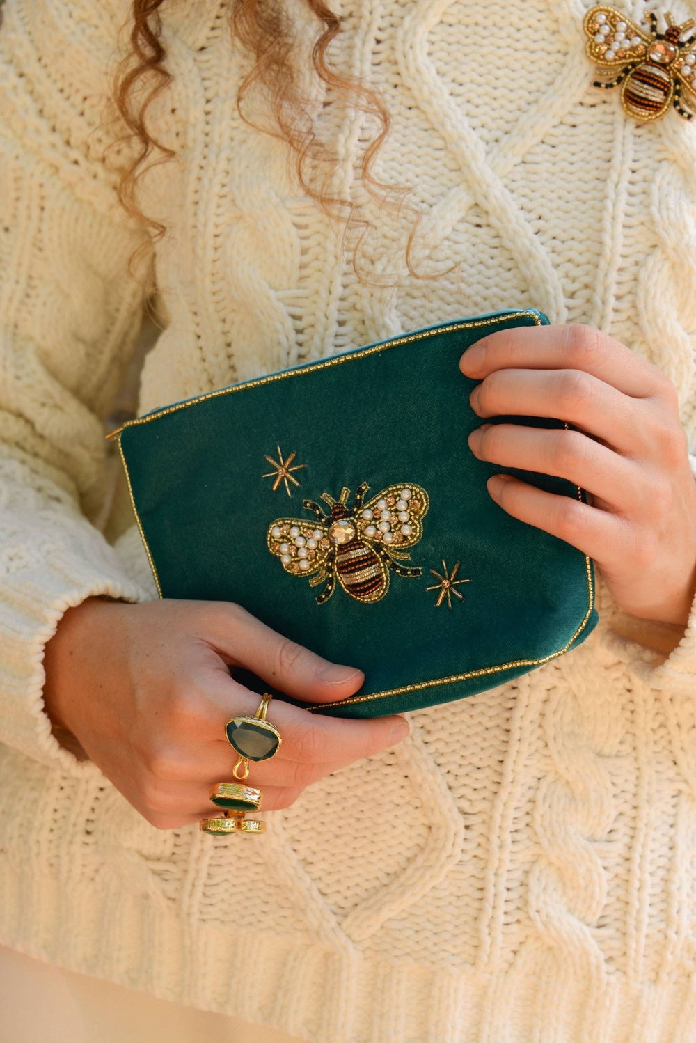 TEAL GOLDEN BEE LARGE VELVET POUCH - Violet Elizabeth - 