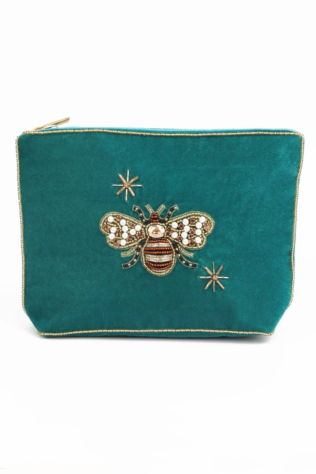 TEAL GOLDEN BEE LARGE VELVET POUCH - Violet Elizabeth - 