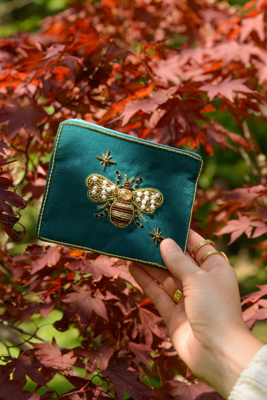 TEAL GOLDEN BEE SMALL VELVET POUCH - Violet Elizabeth - Apparel & Accessories