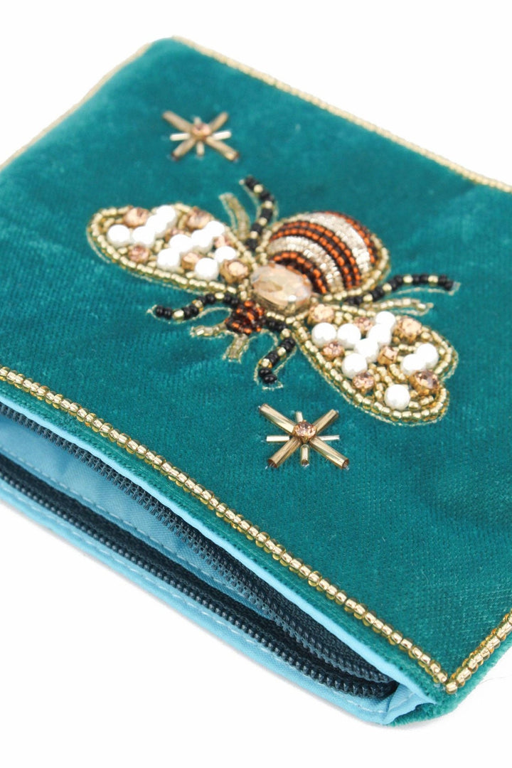 TEAL GOLDEN BEE SMALL VELVET POUCH - Violet Elizabeth - Apparel & Accessories