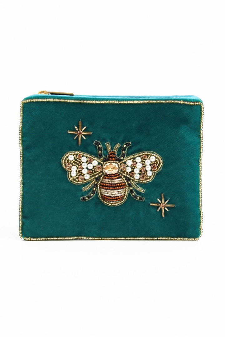 TEAL GOLDEN BEE SMALL VELVET POUCH - Violet Elizabeth - Apparel & Accessories