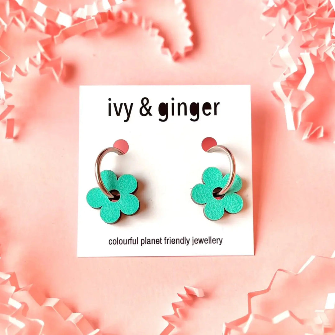 Teal hand painted wooden flower hoop earrings eco friendly - Violet Elizabeth - 