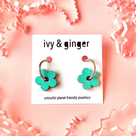 Teal hand painted wooden flower hoop earrings eco friendly - Violet Elizabeth - 