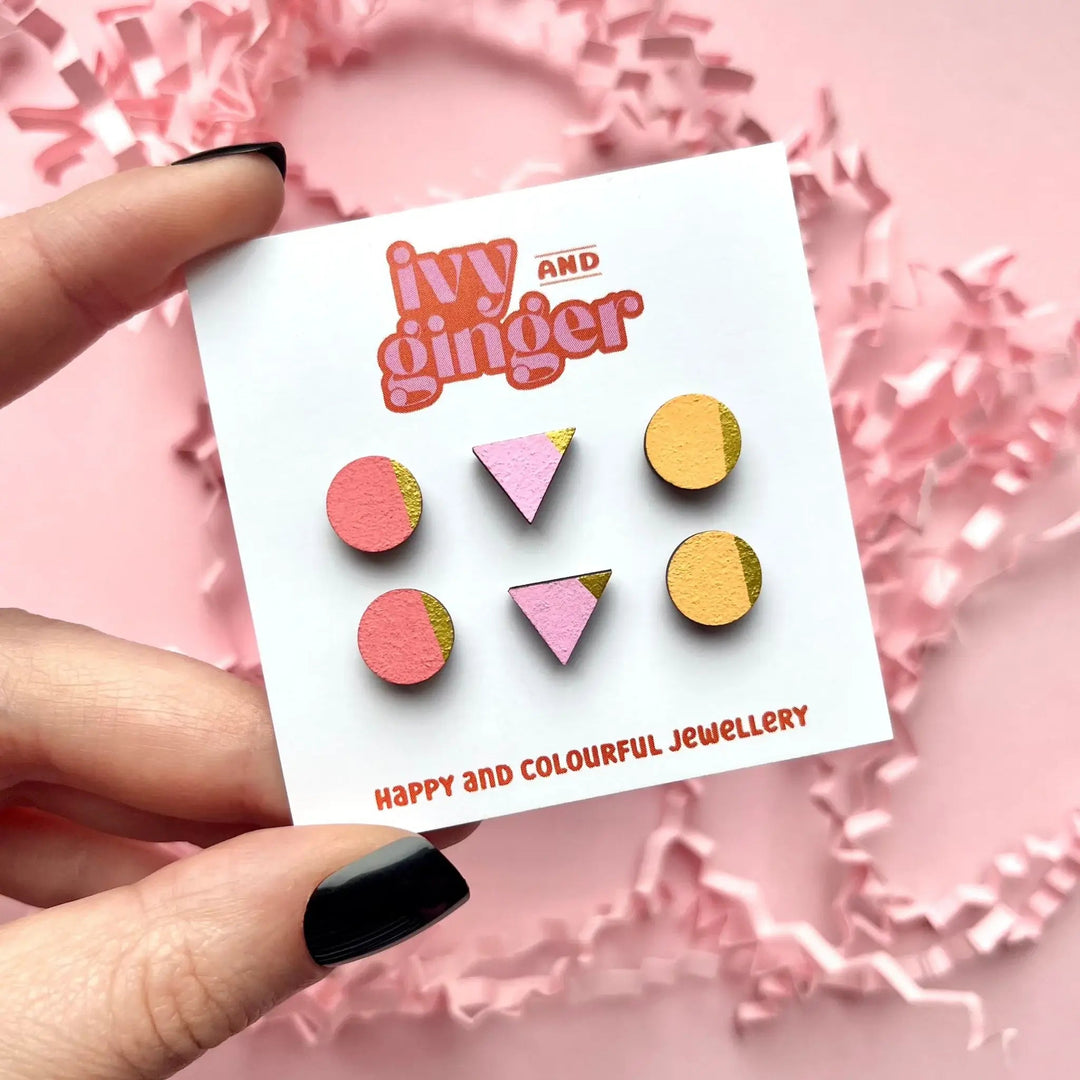 The golds hand painted wooden earring stud set - Violet Elizabeth - 